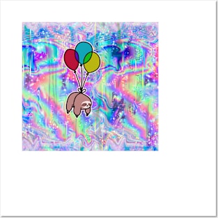 Balloon Sloth Rainbow Holographic Posters and Art